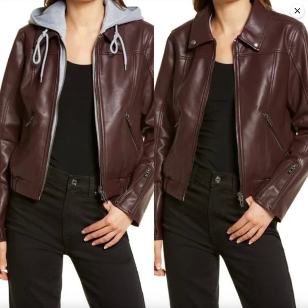 BLANKNYC Burgundy Gray Faux Leather Bomber Jacket w/Removable Hood Size Large - Picture 2 of 9